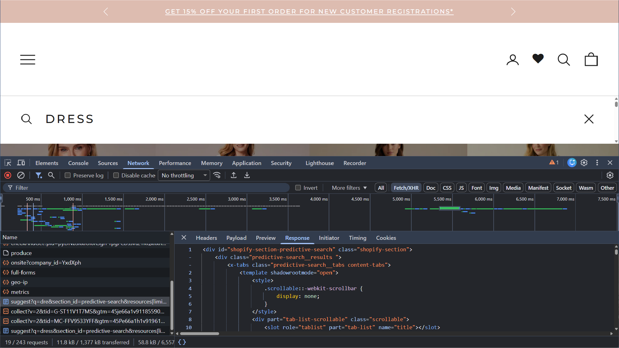 Browser developer tools panel on one of the nine storefronts. Network and Elements tabs visible, showing Shopify's predictive-search endpoint and Search & Discovery JSON-LD markers. Store identifiers redacted.