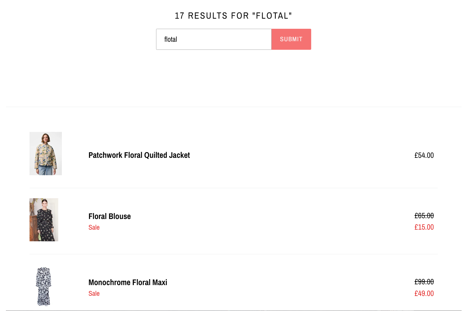 Anonymised storefront search results grid for the query 'flotal'. The first row shows floral product tiles surfacing cleanly despite the missing character. Store branding cropped.