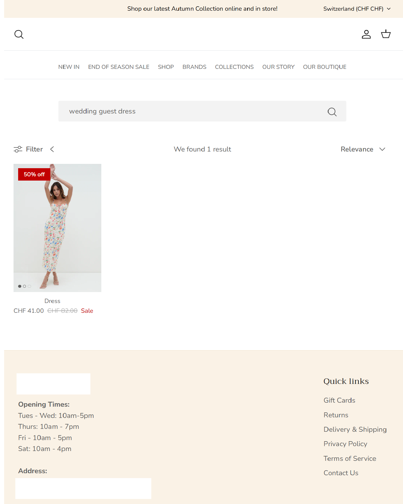 Anonymised storefront for one of the six stores returning a near-empty grid on 'wedding guest dress'. A single product tile is visible in an otherwise blank results area. Result count adjacent to the search bar reads '1 result'.