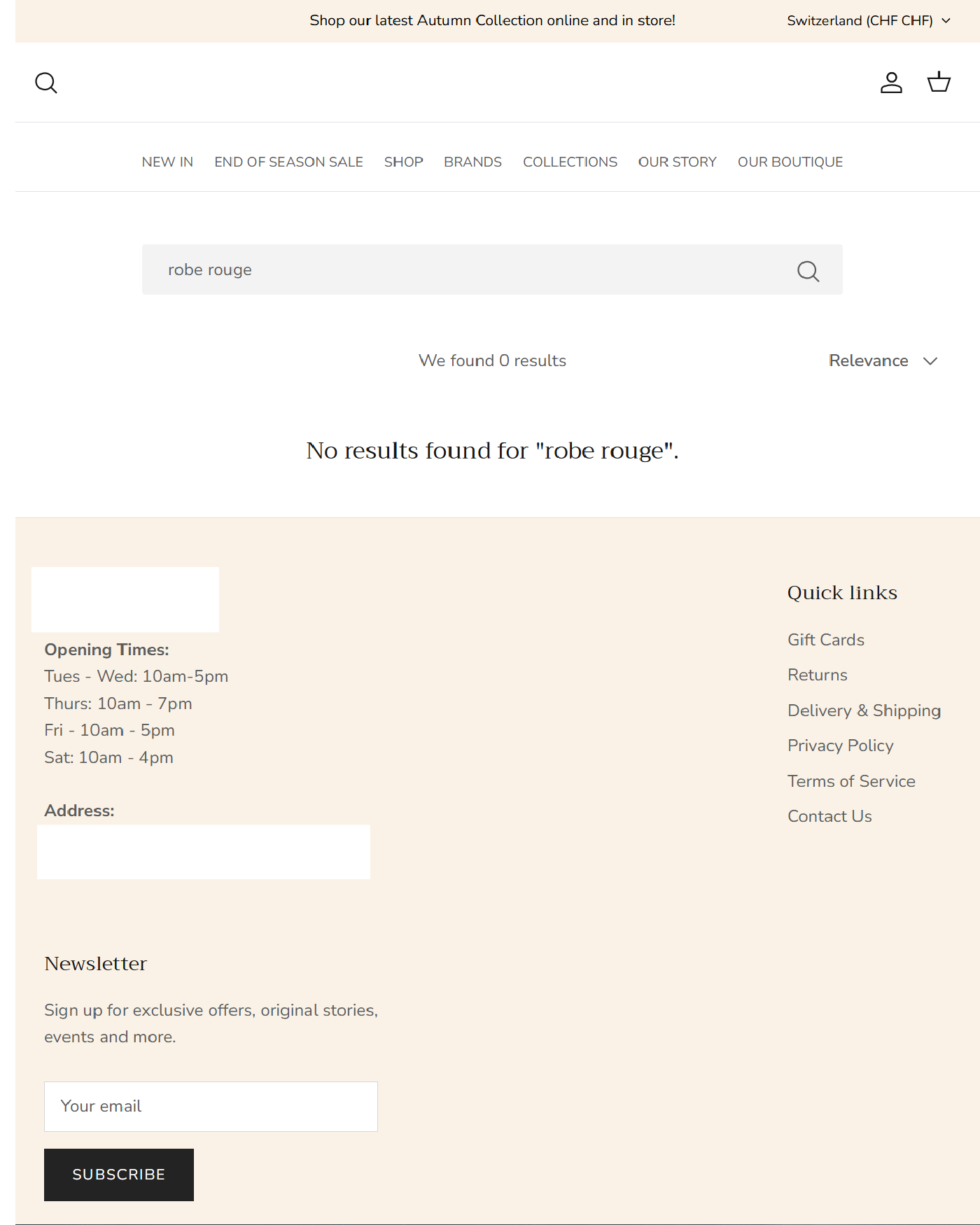 Anonymised storefront for one of the seven stores returning zero results on the French query "robe rouge". A "No results" message is centred in the results area. The store catalogue is English-language.